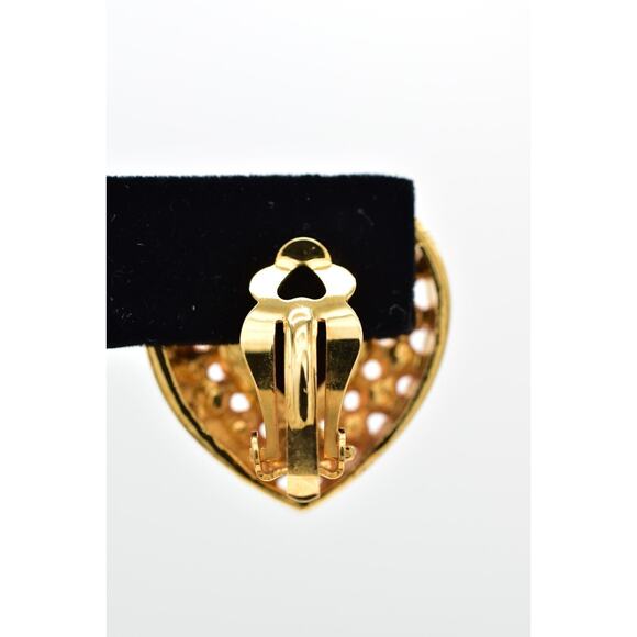 Vintage Crystal Heart Clip On Earrings Black Chunky Gold Heavy NOS 1980s A22 - Picture 9 of 16